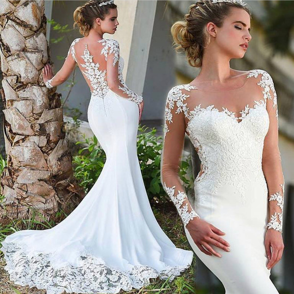 Long Sleeve Lace Applique Wedding Dresses Elegant Mermaid Ivory Bridal Dresses Robe De Mariee