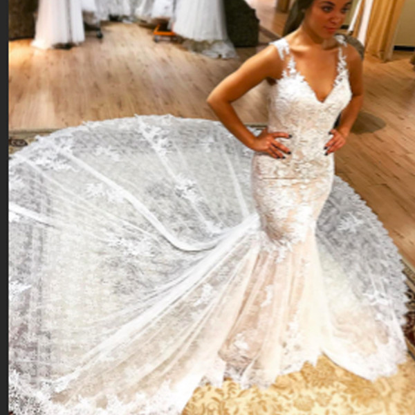 Mermaid Wedding Dresses Lace Chapel Train Wedding Gowns Arabic Bridal Dresses Sexy Sheer Back Bridal Dress