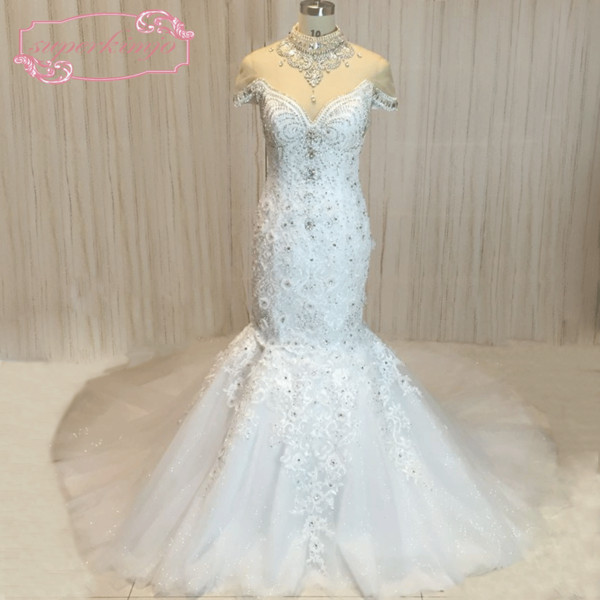 2018 Luxury Mermaid Wedding Dresses Crystal High Neck Cap Sleeve Bridal Dresses Vestiod De Novia