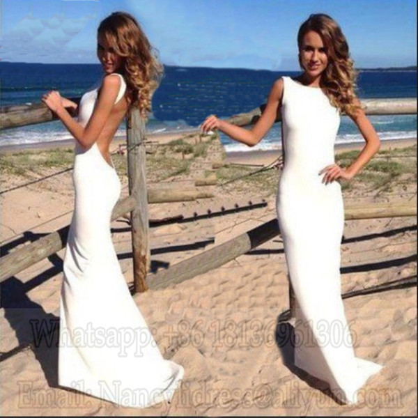 Vintage Scoop High Neck Backless Simply Elegant White Wedding Dress Open Back Sheath Fitted Stretchy Beach Maxi Dress