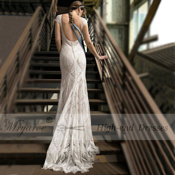 Mryarce Unique Lace Bohemian Wedding Dress With Cap Sleeves Open Back Mermaid Sweep Train Boho Chic Bridal Gowns