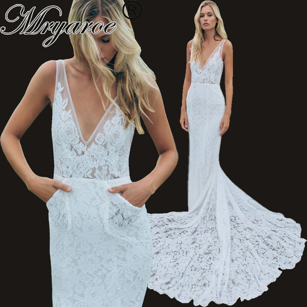 Mryarce Sleeveless Full Lace Mermaid Wedding Dress Rustic Open Back Bridal Gowns With Pockets