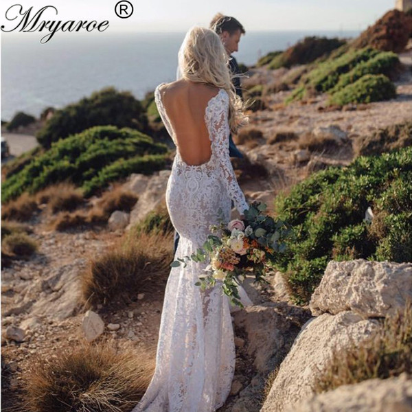 2017 New Sexy V Neck Lace Long Sleeve Mermaid Wedding Dresses 2017 Open Back vestido de noiva renda manga longa abiti da sposa