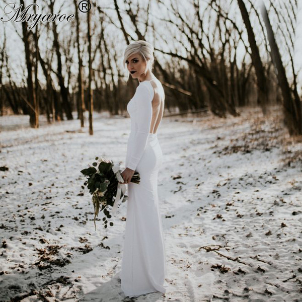 2017 Simple Elegant Long SLeeve Open Back Plain Wedding Dress Strech White Gorgeous Backless Bridal Gowns