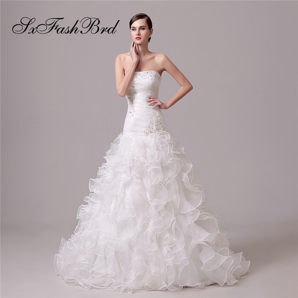 Simple Elegant Dress Beading Strapless Mermaid Organza Long Wedding Party Bride Dresses Women Wedding Dress Gown