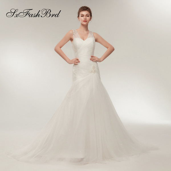 New Arrived Ruffle V Neck Mermaid Long Tulle Wedding Party Bride Dresses for Women Wedding Dress Gown