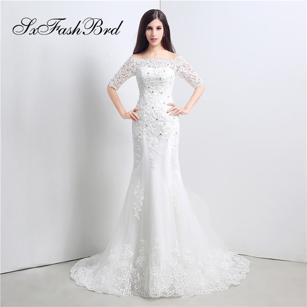 Elegant Dress Boat Half Sleeves Mermaid With Appliques Tulle Long Wedding Party Bride Dresses for Women Wedding Dress Gown