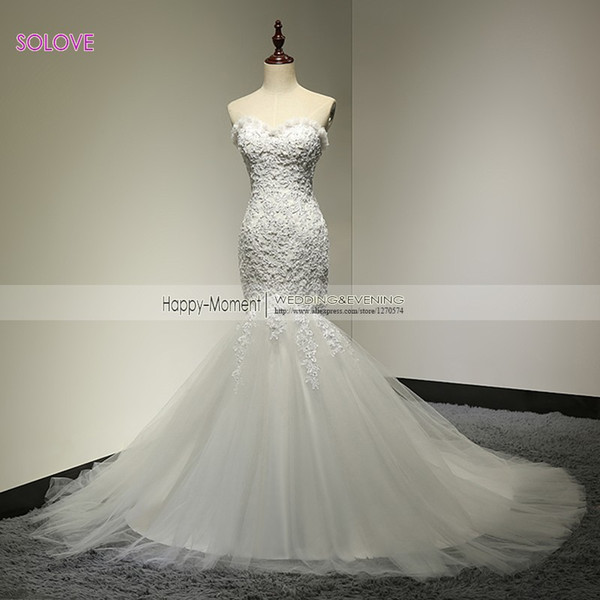 Solovedress Real Photos Sweetheart Mermaid Lace Wedding Dress Elegant Appliques Tulle Sweep Train Bridal Gown