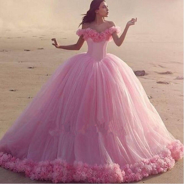 New Puffy Ball Gown Off Shoulder Wedding Dresses Romantic Pink Tulle Sleeveless Bridal Gown Custom Made