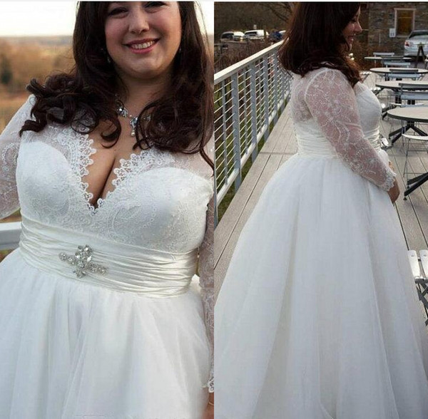 Sexy V Neck Plus Size Wedding Dresses Long Sleeve A Line Ivory Bridal Gowns Floor Length