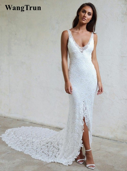 Hi-Lo Lace Wedding Dress Front Short Long Back U Neck Spaghetti Straps Bridal Gowns Chapel Tran Bare Back Sexy Dress For Wedding