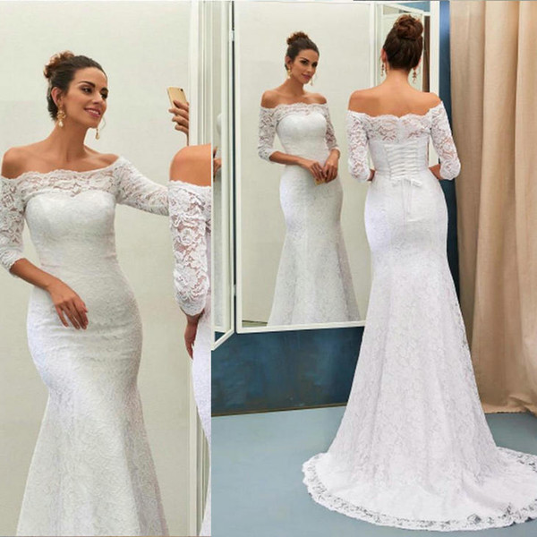 Wedding dresses mermaid Mermaid wedding dress berta White Off-The-Shoulder 3/4-Length Sleeves Lace Mermaid Wedding Dress HS238