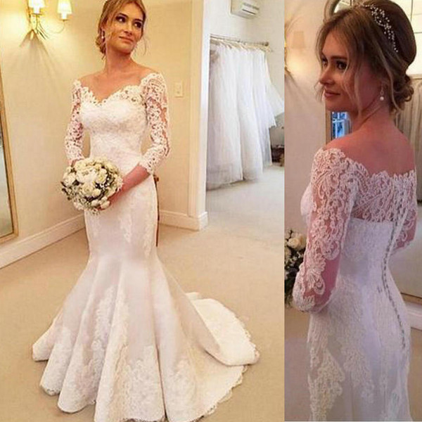 wedding dress mermaid wedding dress berta bridal White Satin V-Neck 3/4 Sleeves Buttons Mermaid Wedding Dress With Lace HS245