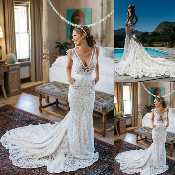 Wedding dresses mermaid Mermaid wedding dress Charming V-Neck Sleeveless Mermaid Backless Lace Pocket Wedding Dress With Court Train HS220