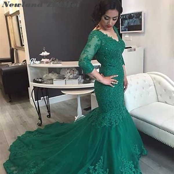 Vintage Green Wedding Dresses Three Quarter Sleeve New Saudi Arabia Sexy Lace up Back Appliqued Tulle Mermaid Bridal Gown