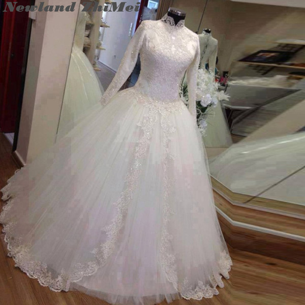 Arabic Long Sleeves Bridal Gowns Vintage High Neck Muslim Wedding Dress Sequined Applique Tulle Ball Gown Bride Dresses