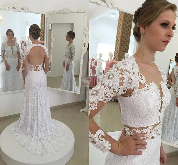 Mermaid Lace Appliqued Wedding Dresses 2017 Sexy Open Back Long Sleeves Bridal Gowns Elegant Wedding Guest Dress