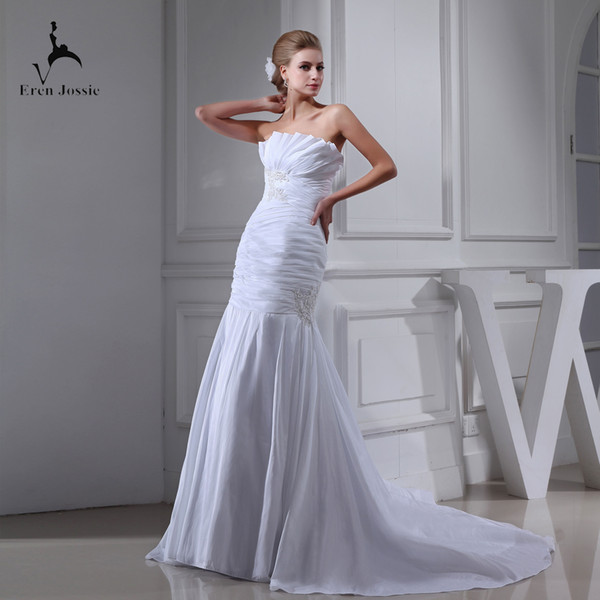 Eren Jossie Young Ladies Pleated Taffeta Slim Fitted White Garden Wedding Dresses With Beaded Appliques Drop