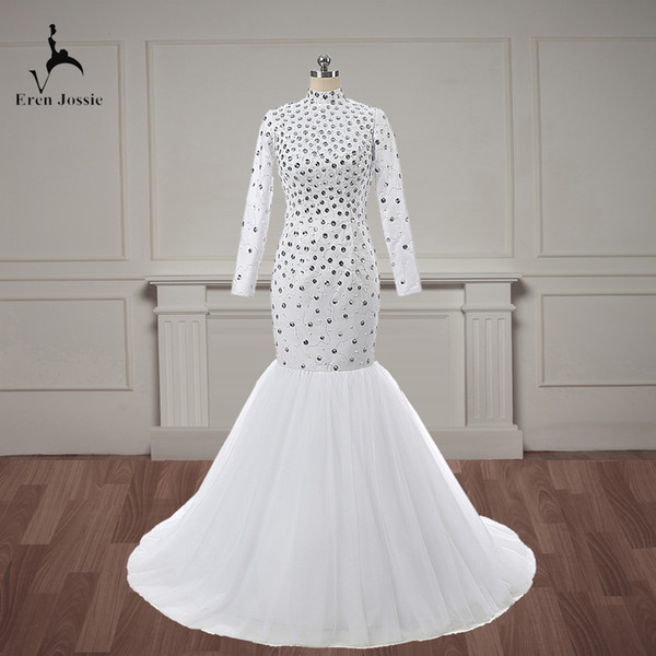 Eren Jossie Free Custom Make Hand Sewing Rhinestones Mermaid Design Bridal Wedding Gown Sweep Train High Neck Style