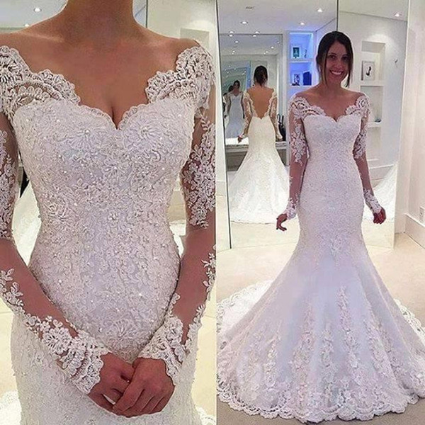 Lace Wedding Dresses 2017 Sweetheart Long Sleeve Backless Lace and Applique with Crystals Sweep Train 2017 Bridal Dress Gowns