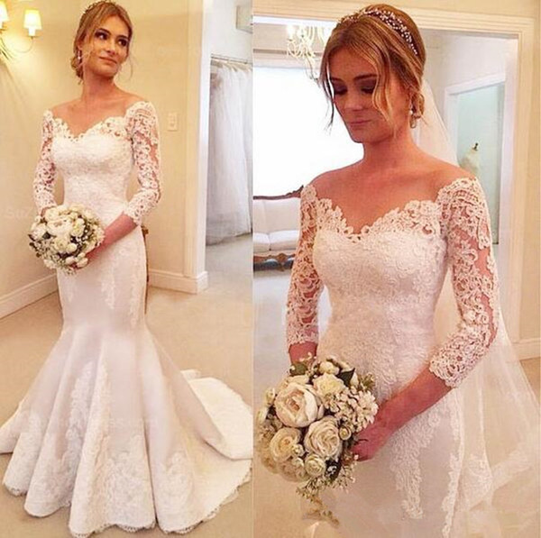 2017 Full Lace Wedding Dresses Mermaid Long Sleeves Formal Bridal Gowns With Sweetheart Neck Covered Button Sweep Train Wedding Gowns