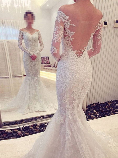 Mermaid Wedding Dresses 2017 V-Neck Long Sleeve Sheer Back Sweep Train Off the Shoulder Lace and Applique Ivory Bridal Gowns Dresses