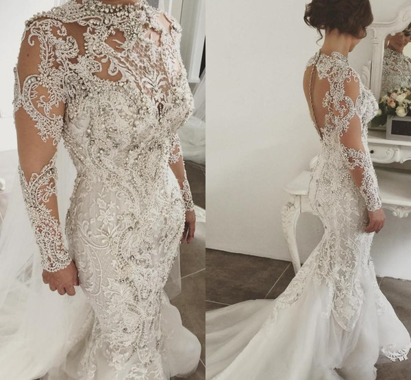 New Luxury robe de marriage Long Sleeves Mermaid Wedding Dresses High Neck Lace Applique Crystal Saudi Arabic Bridal Gowns Court Train