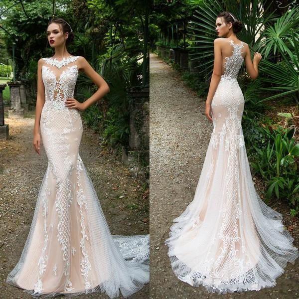 Milla Nova Champagne Lace Mermaid Wedding Dresses Jewel Neck Buttons Back See Though Trumpet Sweep Train Appliques Arabic Bridal Gowns