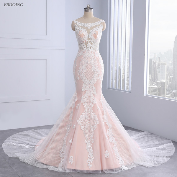 Amazing Mermaid Pink Wedding Dreess Real Photos Scoop Neckline Chapel Train With Lace Appiliques Plus Sizes Custom Made With Lace