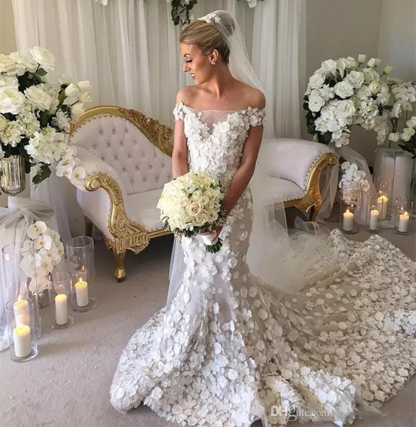 Gorgeous White 3D Floral Applique Wedding Dresses Off Shoulder Mermaid Wedding Gowns Court Train Long Bridal Dress