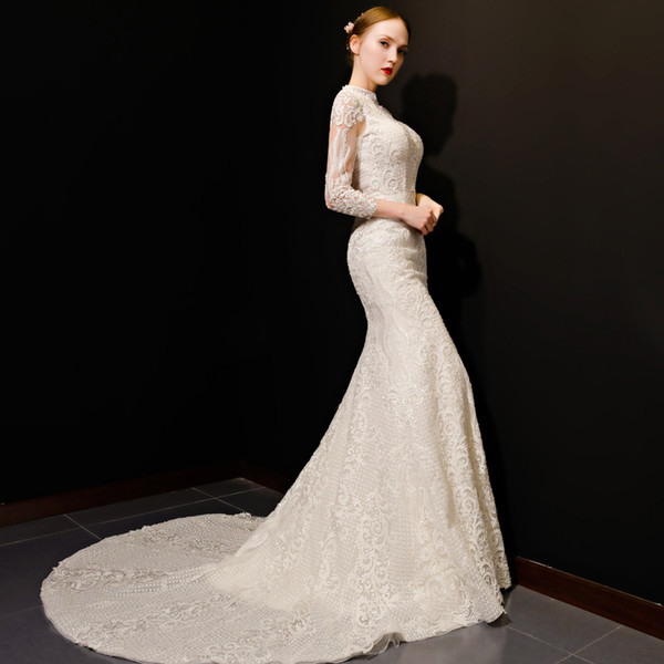 Vintage Long Sleeves Wedding Dresses High Neck Appliques Open Back Sexy Mermaid With Sweep Train Bridal Dresses