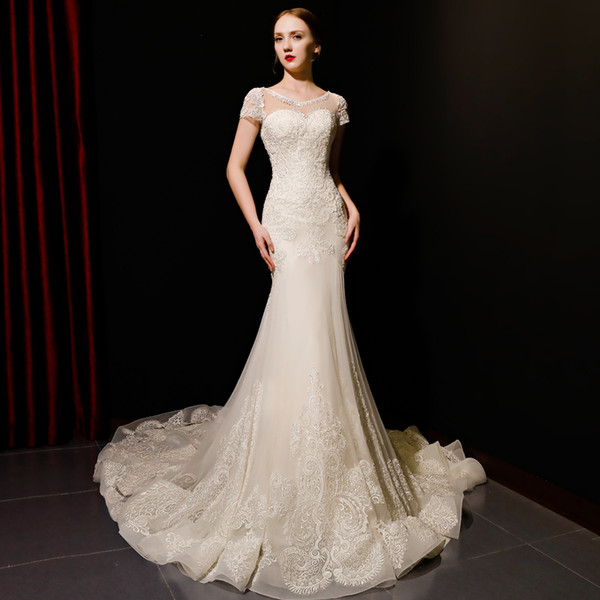 Genuine OUYAFENGQING Bridal Dresses Mermaid Sheer Neck Cap Sleeves Lace Up Appliques Wedding Gowns With Sweep Train