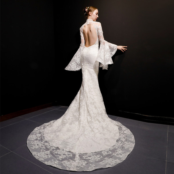 Elegant OUYAFENGQING Style Z6099 Mermaid Long Sleeves Appliques With Beaded Open Back Chapel Train Sexy Wedding Dresses