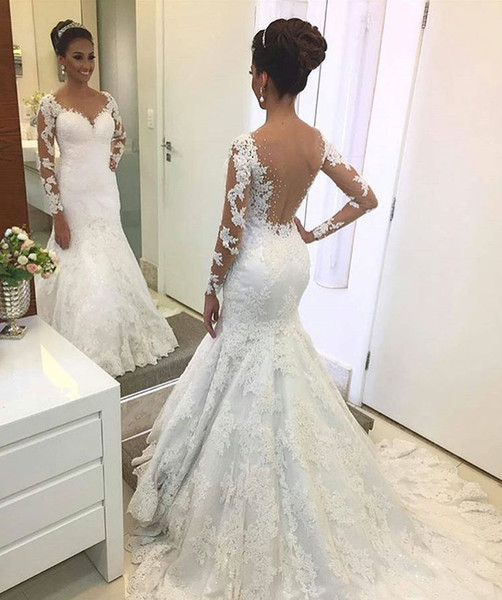 Elegant Lace Long Sleeve Mermaid Wedding Dresses 2017 Square Neck Applique Beaded Sexy Backless Wedding Dress Bridal Gowns Custom Made