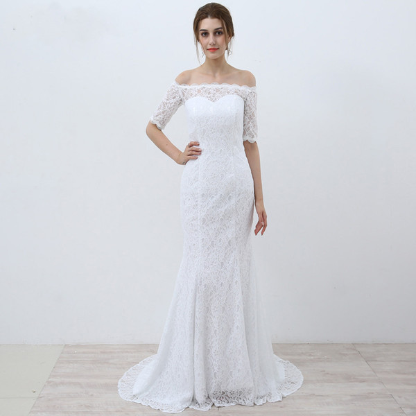 White Vintage Lace Cheap Mermaid Wedding Dresses 2017 Off the Shoulder Half Sleeves Wedding Gowns vestidos de novia robe de mariee