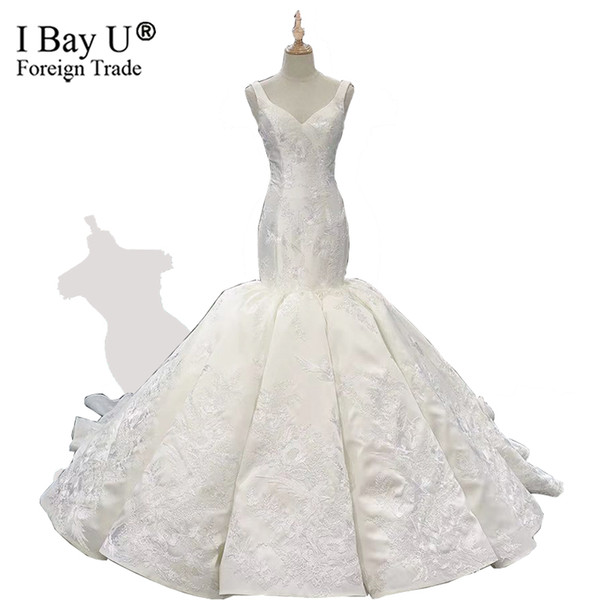 High Quality Royal Embroidered Lace Satin Mermaid Wedding Dresses 2019 Ruffle Train robe de mariee grande taille