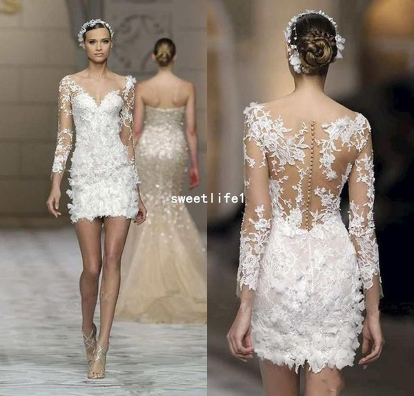 Short Wedding Dresses Long Sleeve Lace 3D Applique Illusion Cheap Wedding Gowns Sheath Custom Made Sexy Beach holiday Wedding Dress