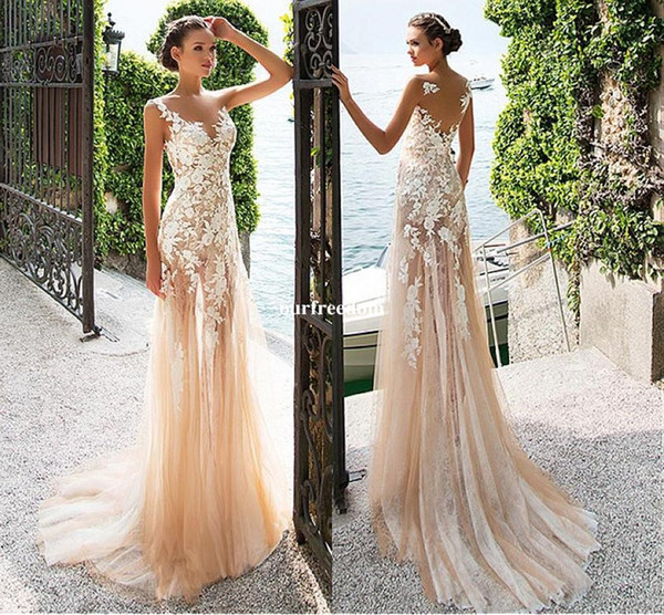 Champagne Lace Appliques Wedding Dresses Jewel Neck Zipper Back Sheath Bridal Gown Custom Made Hot Sale