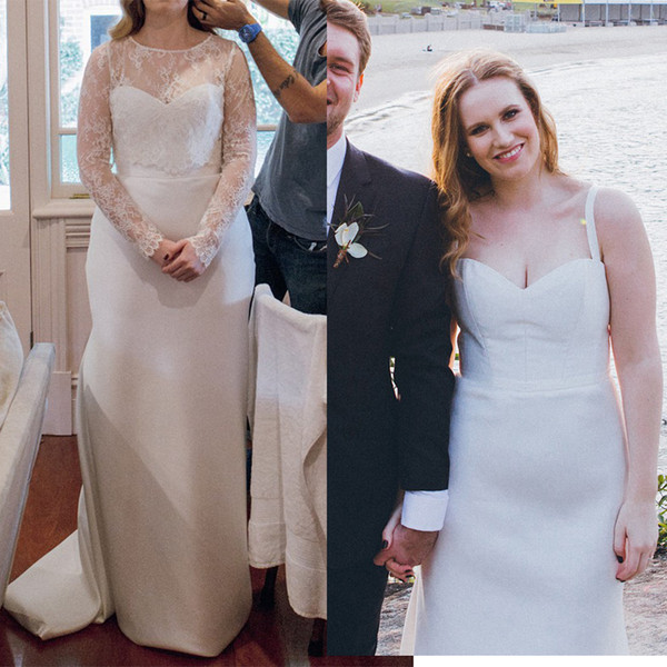 Newest Vintage Lace Backless Wedding Dresses modest Cheap two pieces detachable long sleeves jacket Country Style Sheath Bridal Gowns