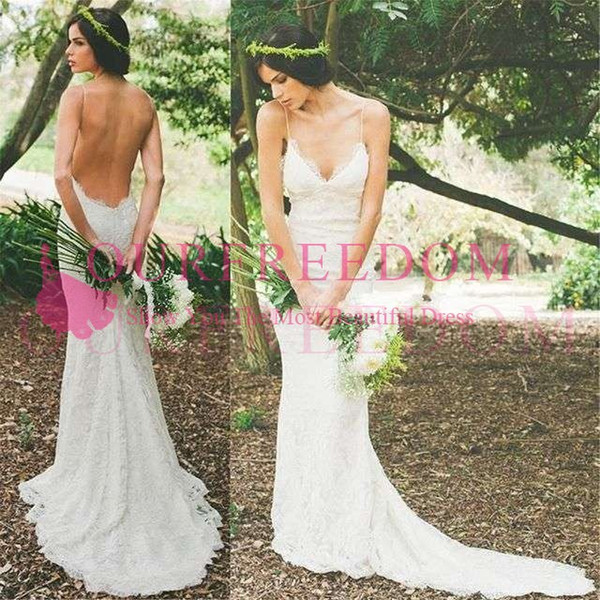 Bohemian Style Spaghetti Wedding Dresses Full Lace Backless Sheath Rustic Garden Bridal Gown Custom Made Hot Sale Spring Summer New