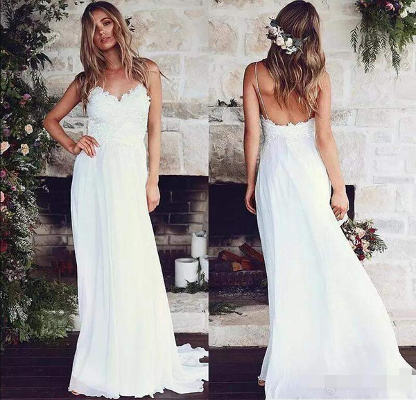 Simple Beach Romantic Bohemian Wedding Dresses Spaghetti Straps Backless Lace Chiffon Bridal Gowns Summer Cheap Wedding Guest Dresses
