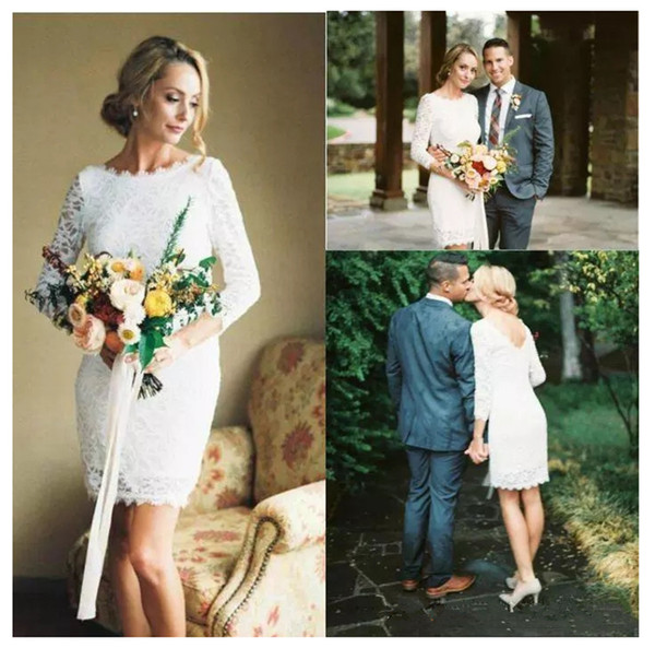Boho Lace Three Quarter Sleeves Wedding Dresses Sexy Short Bride Dress White/ivory Mini Wedding Gowns