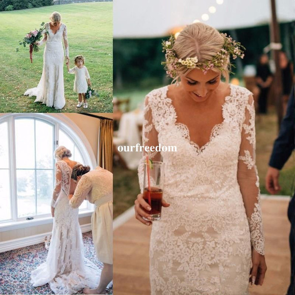 Lace Garden Sheath Wedding Dresses Elegant V Neck Back Cover Button Long Sleeve Boho Custom Made Bridal Gown With Sweep Train