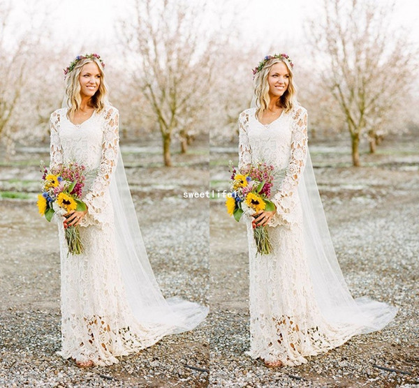 Romantic Boho Style Long Sleeve Wedding Dresses O Neck A Line Full Lace Country Style Bridal Gown Custom Made