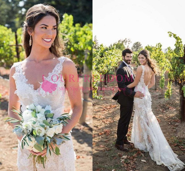 Bohemian Style V Neck Wedding Dresses 3D Flora Appliques Sheath Sexy Backless Country Style Bridal Gown Custom Made Hot Sale