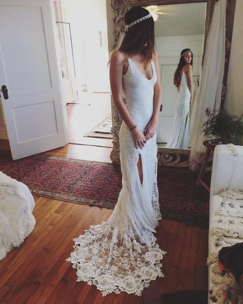 Cheap V Neck Wedding Dresses Sheath Sweep Train Sexy Split Side Counrty Style Bridal Gown Real Image Hot Sale Custom Made
