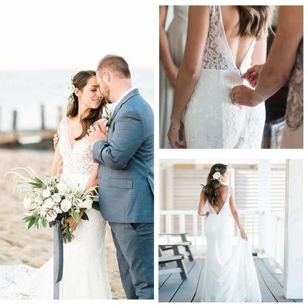 Bohemian Soft Lace Wedding Dresses Backless V Neck Mermaid Sweep Train Beach Chic Rustic Bridal Gown Custom Made Hot Sale