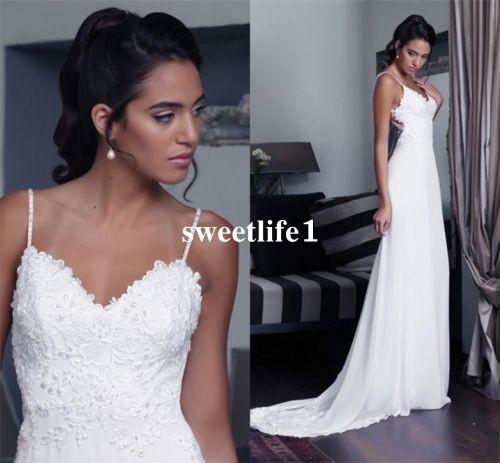 Sexy Simple White Wedding Dresses Appliques Spaghetti Straps Sweep Train Sheath Boho Beach Bridal Gown Cheap