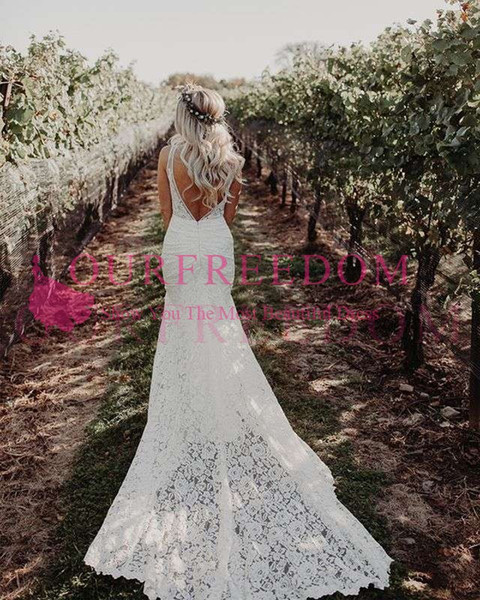 Bohemian Style Backless Wedding Dresses Full Lace V Neck Sheath Sweep Train Outdoor Rustic Garden Bridal Gown Summer Sale