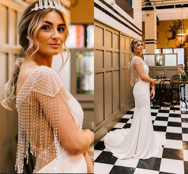 Gorgeous Crystal Beaded Wedding Dresses Sheath White Jewel Neck See Though Back Zipper Boho Garden Bridal Gown Custom Made